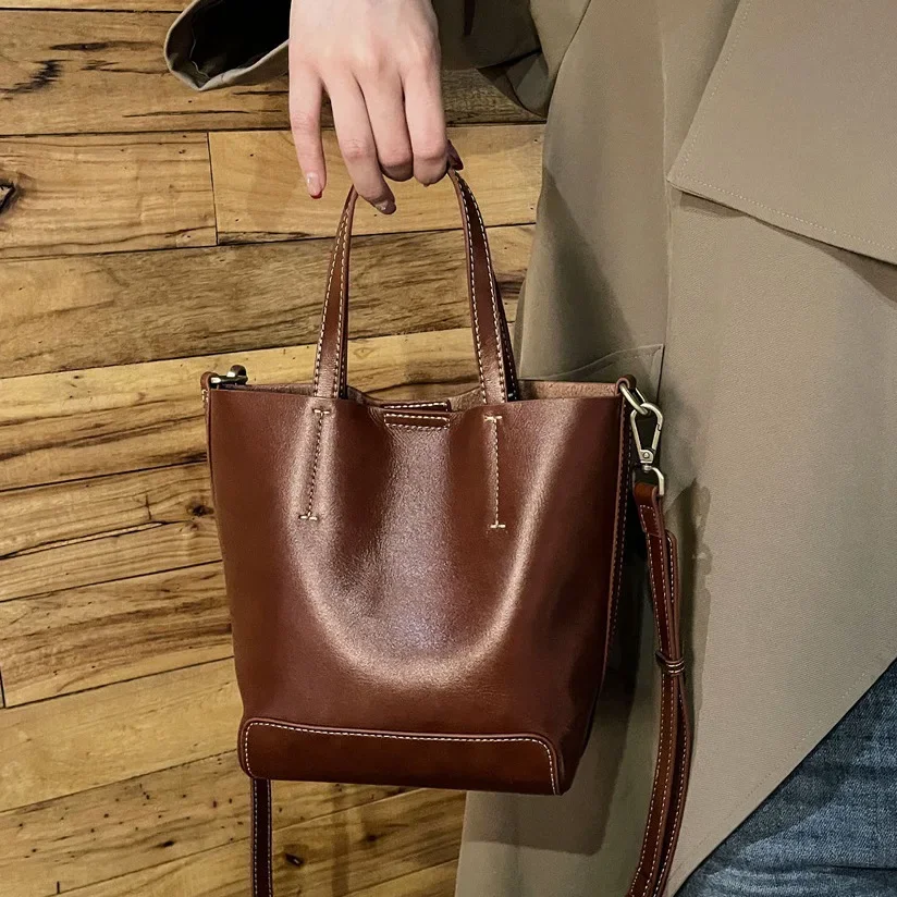 

Leather High-grade Vegetable Tanned Leather Bucket Bag New All-in-one Hand-held Crossbody Bag Retro Women's Bag