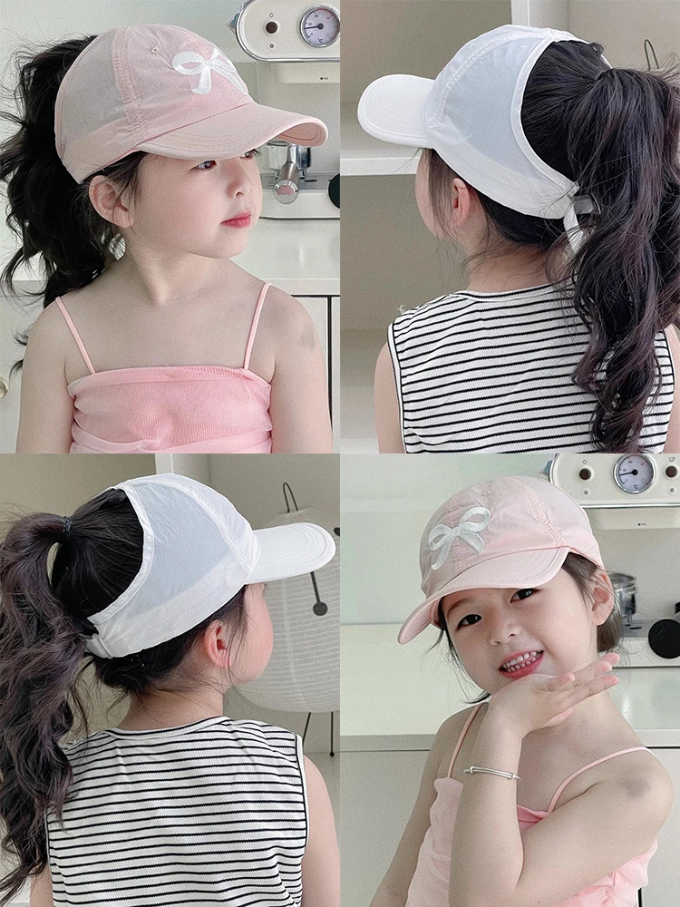 Girl\'s hat, summer, butterfly tied ponytail, quick drying, half empty top hat, children\'s shade, thin baseball cap,