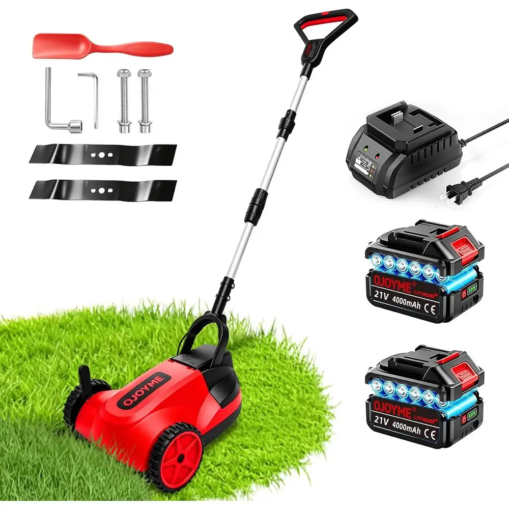 Mini CordlLawn Mower, 9 Inch Electric Grass Cutter, Red | Lightweight Push Mower with 2 x 21V 4.0Ah atteries,rushlMotor, Adjusta