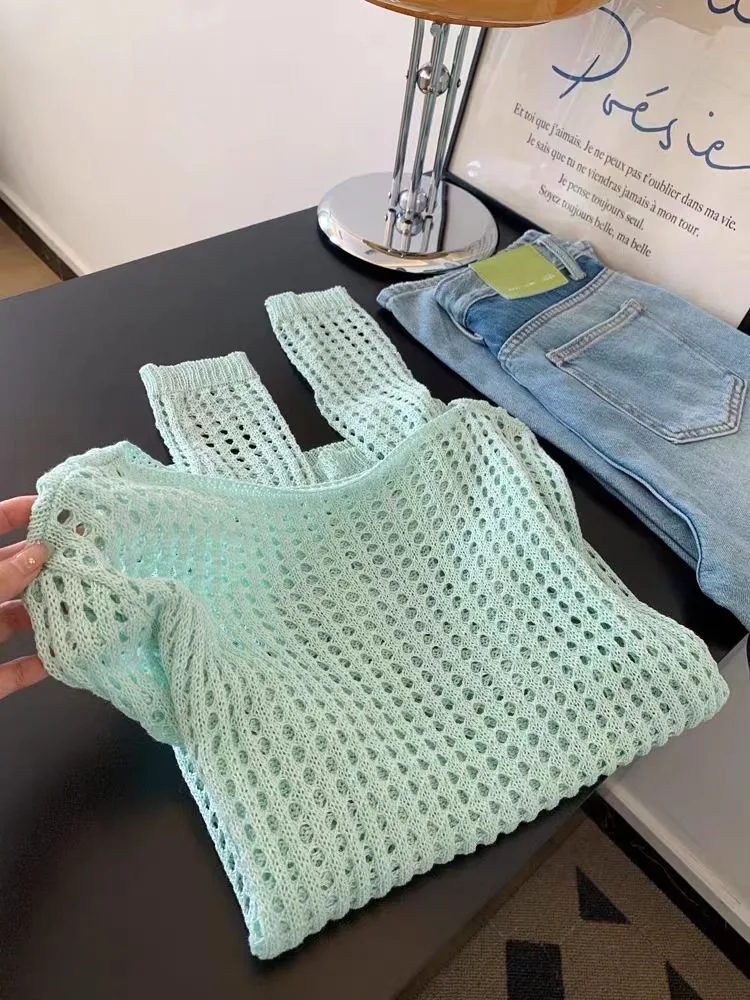 

Летний тонкий вязаный топ Mint Wave, свободный крой, ажурный, для женщин, повседневный, нежный, легкий, для верхней части тела