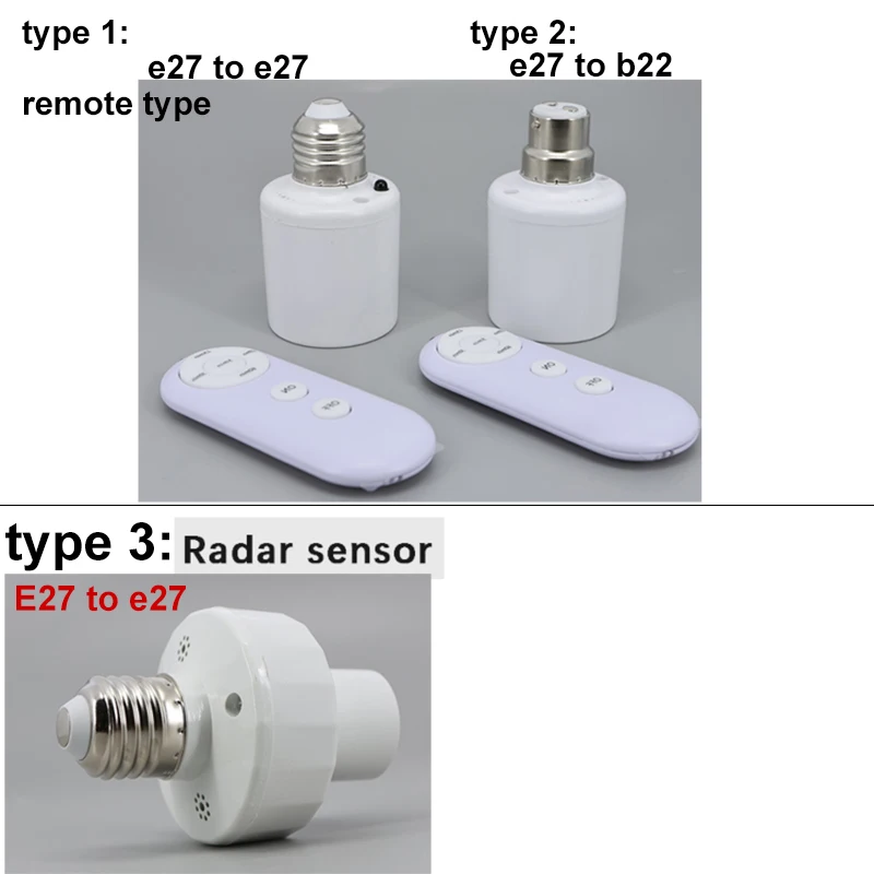 3 types radar or Wireless E27 to B22 E27 Remote Control Light Bulb Base Socket Smart Timer Switch Lamp Holder AC 220V ON Off