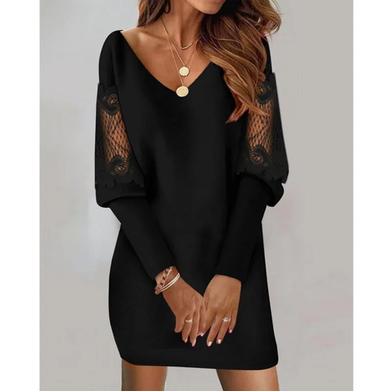 

Autumn New Women's V-neck Long Sleeved Printed Lace Patchwork Dress Black Elegant Party Mini Dress Vestidos De Mujer