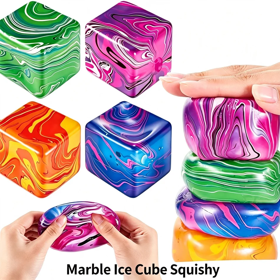 4Pcs Marble Swirl Cube Squishy Fidget Toy Set Colorful Marbled Soft Squeeze Toy Stress Relief Sensory Decompression Toy for Kids