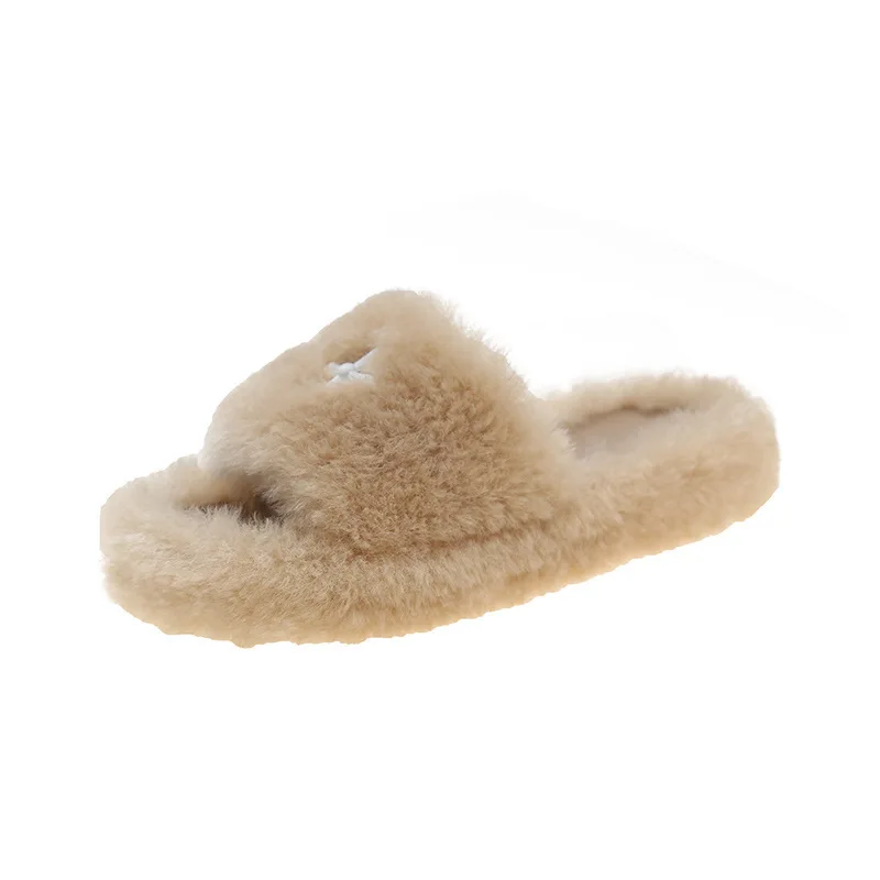 Autunno e inverno signore nuovo peluche esterno indossare fondo spesso una parola cotone trascinare casa calda moda pantofole femminili