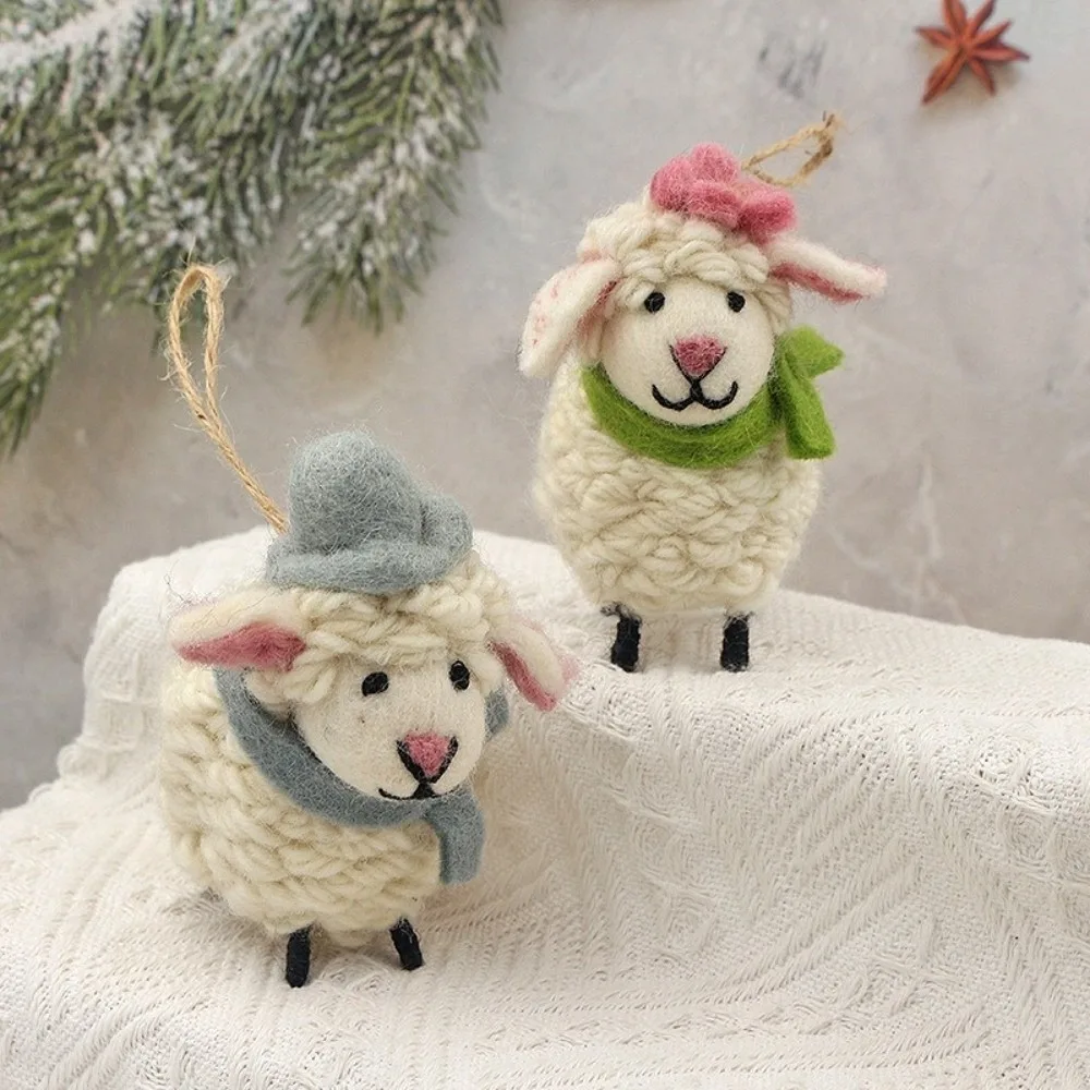 Lovely Wool Felt Sheep Hanging New Year Cute Plush Sheep Pendant Fluffy Christmas Tree Decoration New Year