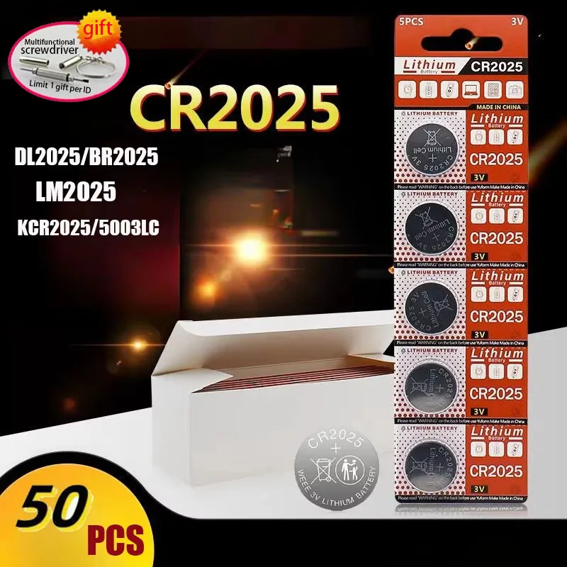 50-pack CR2025 battery 3V lithium battery DL2025 BR2025 KCR2025 suitable for car remote control watch button button battery