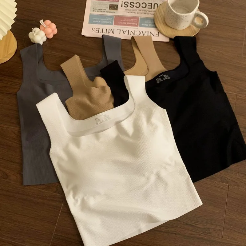 Square Collar Sleeveless Ice Silk Vest Women's Inner Wear Short Style with Strap and Chest Pad Skin-friendly Breathable Crop Top