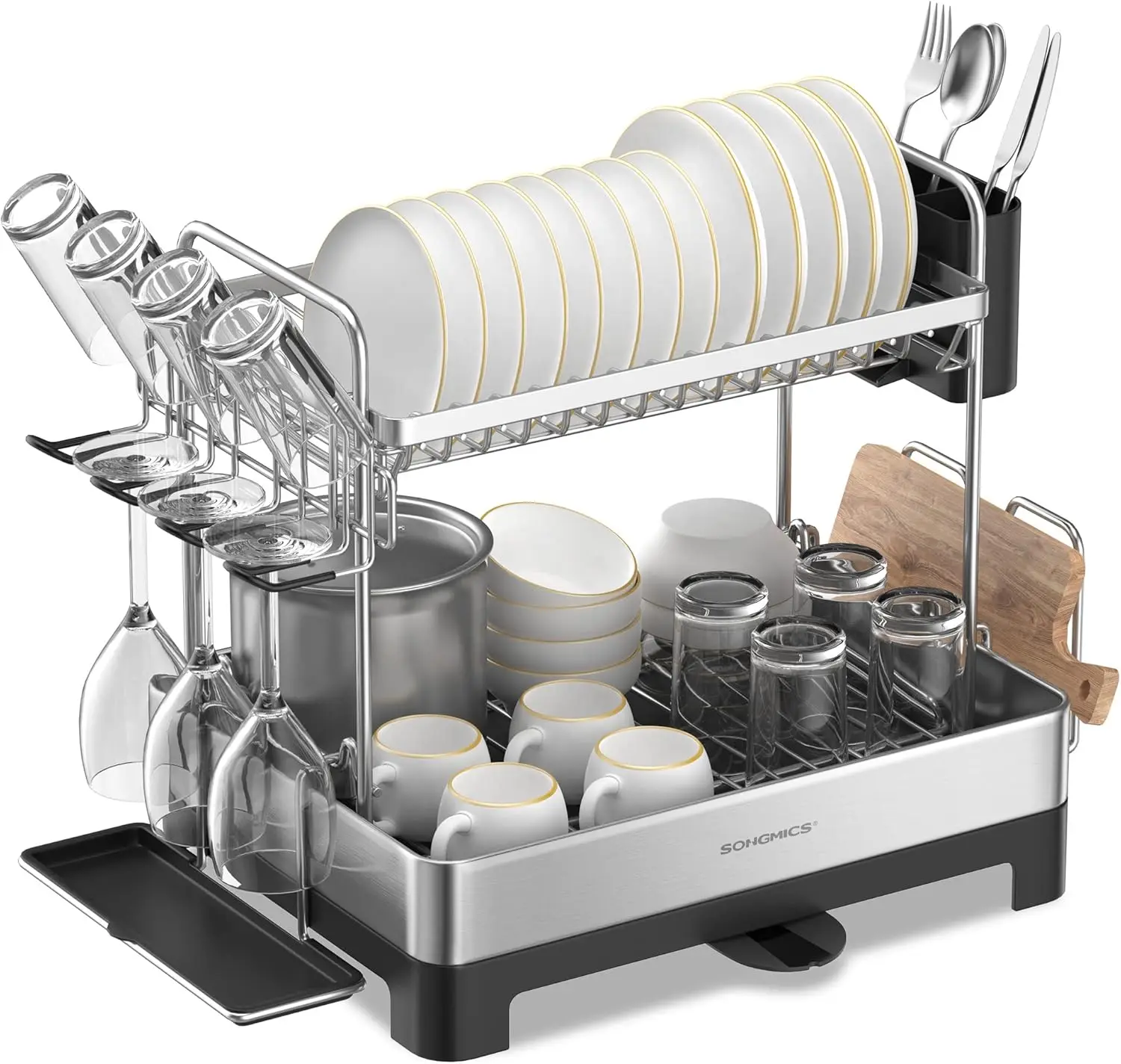

2 Tier Dish Rack For Kitchen Counter With Rotatable And Extendable Drain Spout, Dish Drainer With Ut