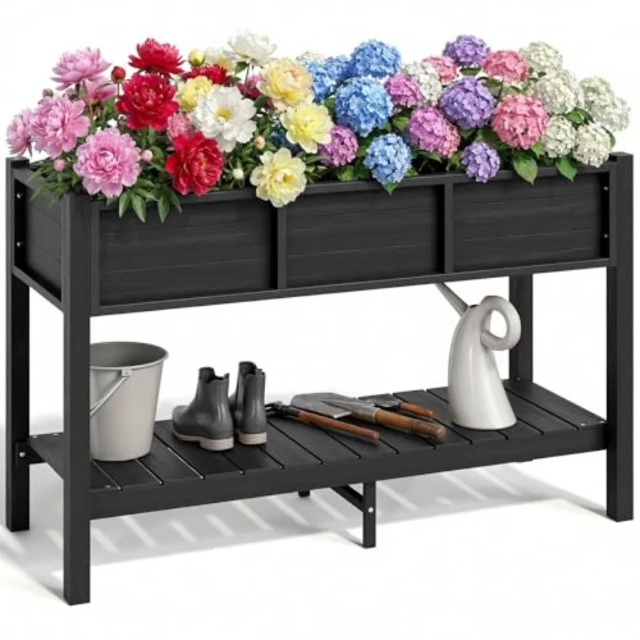 

Грядка-клумба 48x18x30 дюймов из HDPE-полимера, устойчивая к погодным условиям, с ножками, полкой для хранения, черная, для сада и двора