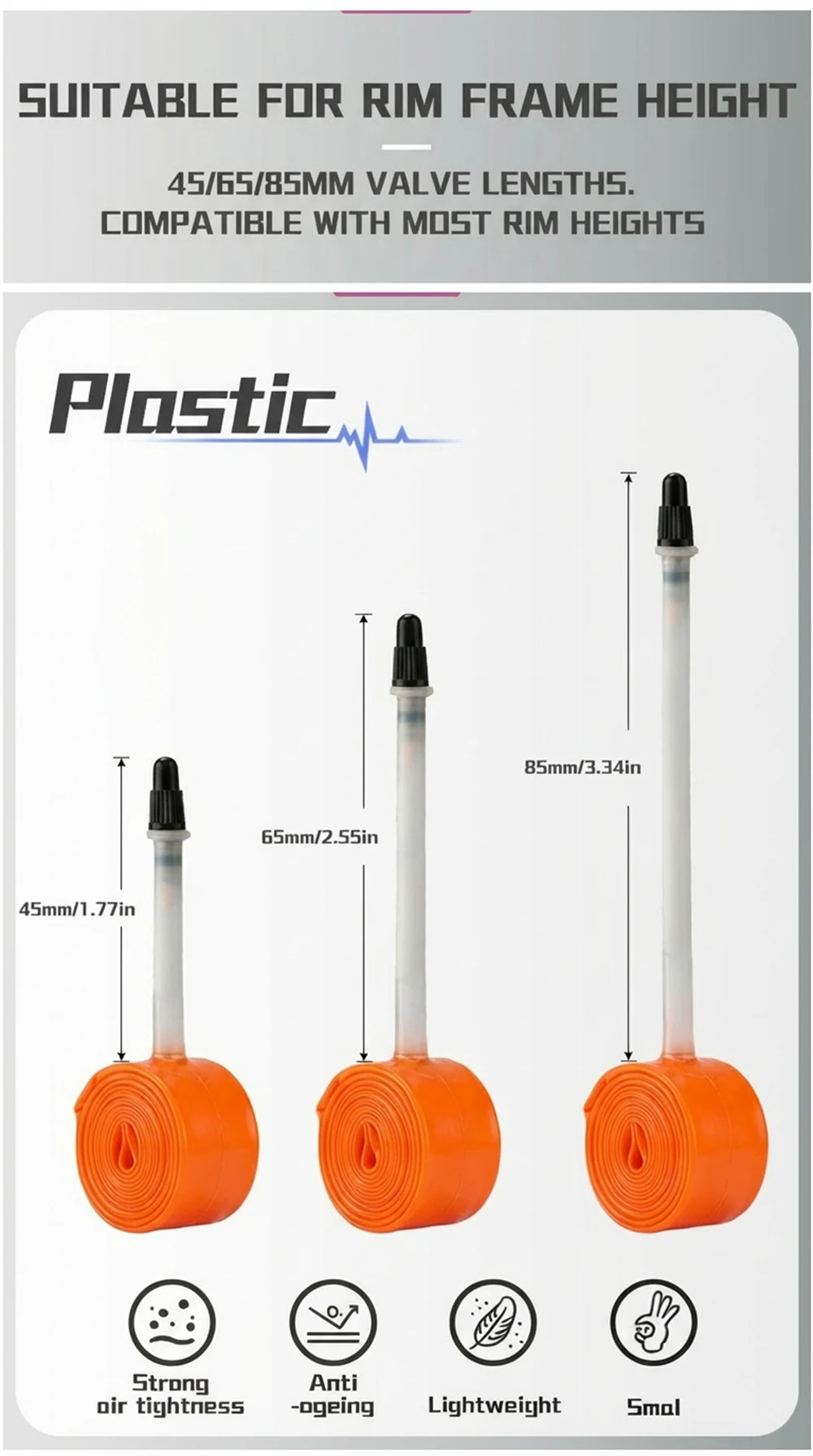 BKPTX 1 Stück/2 Stück 28g Orange Fahrrad-TPU-Schlauch 700X18 25 28 32 Rennrad-TPU-Reifen 65mm Länge mit französischem Ventil – Detail 4