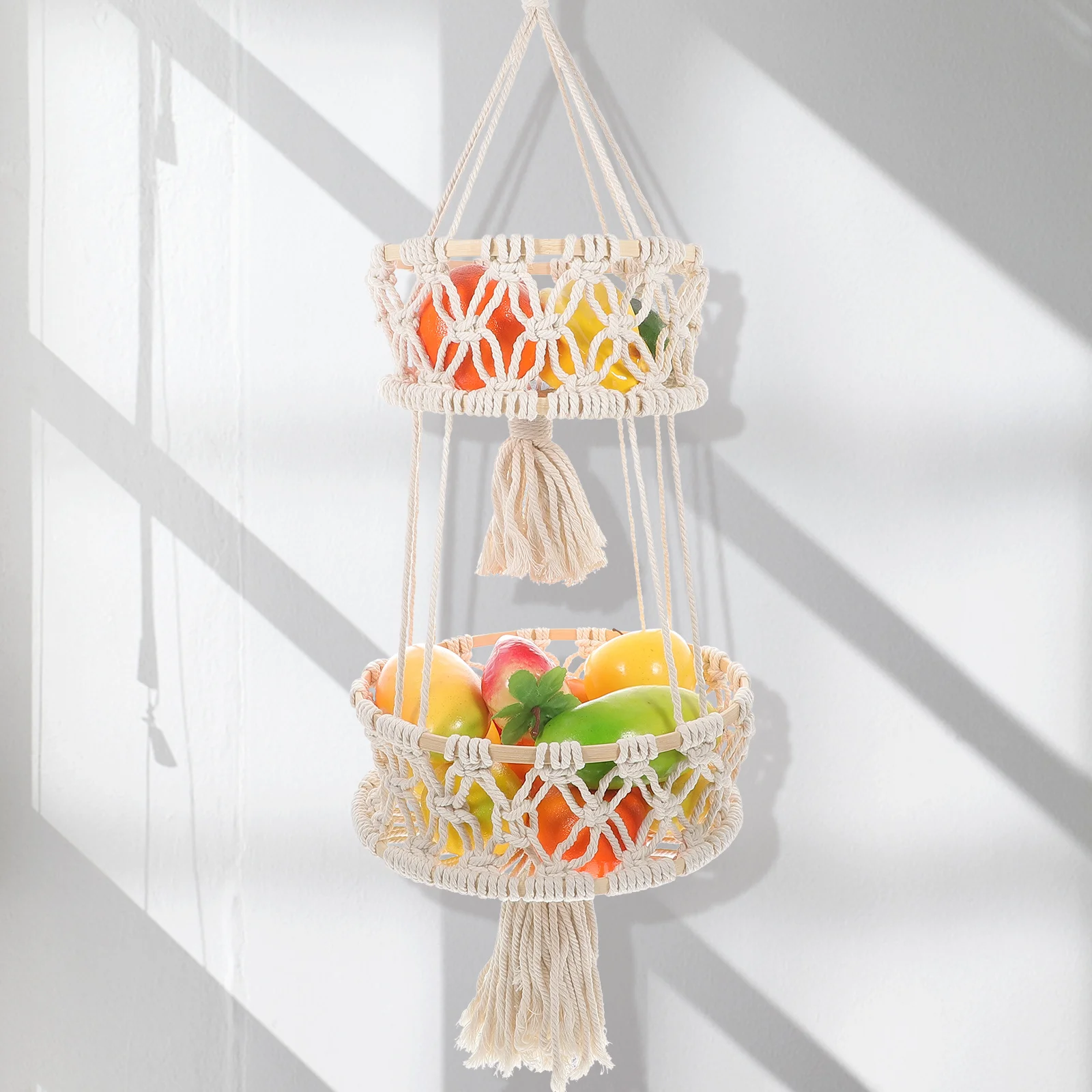 

Hanging Fruit Basket 3 Tier Woven Cotton Rope Storage Organizer for Kitchen Wall Decorative Home Farmhouse Style