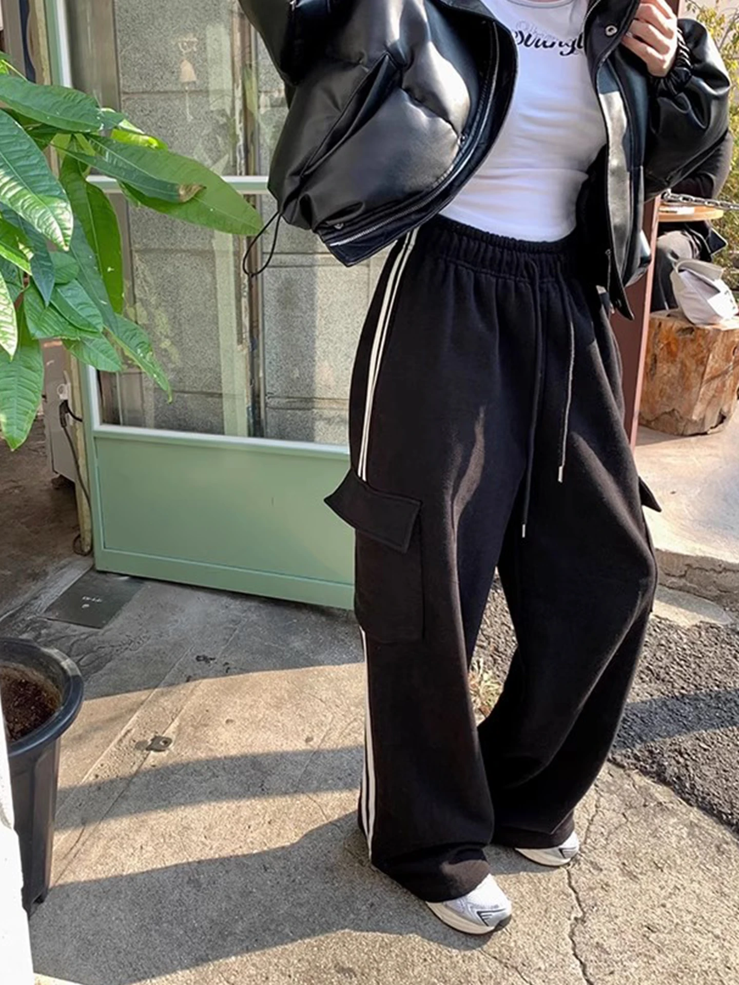 Hohe Taille Fce Gefüttert Casual Hosen Frauen Herbst Winter Breites Bein Gestreiften Farbe Blo Gürtel Schlankheits Gerade Bein Hosen