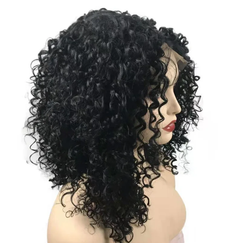 Moda feminina peruca africano pequeno cabelo encaracolado frente do laço curto encaracolado peruca preto mudança gradiente peruca de fibra química