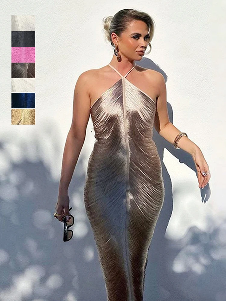 2024 Women Sexy Halter Backless Solid Vintage Bodycon Long Dress Summer Fringe Tassel Club Party Prom Maxi Strap Dress