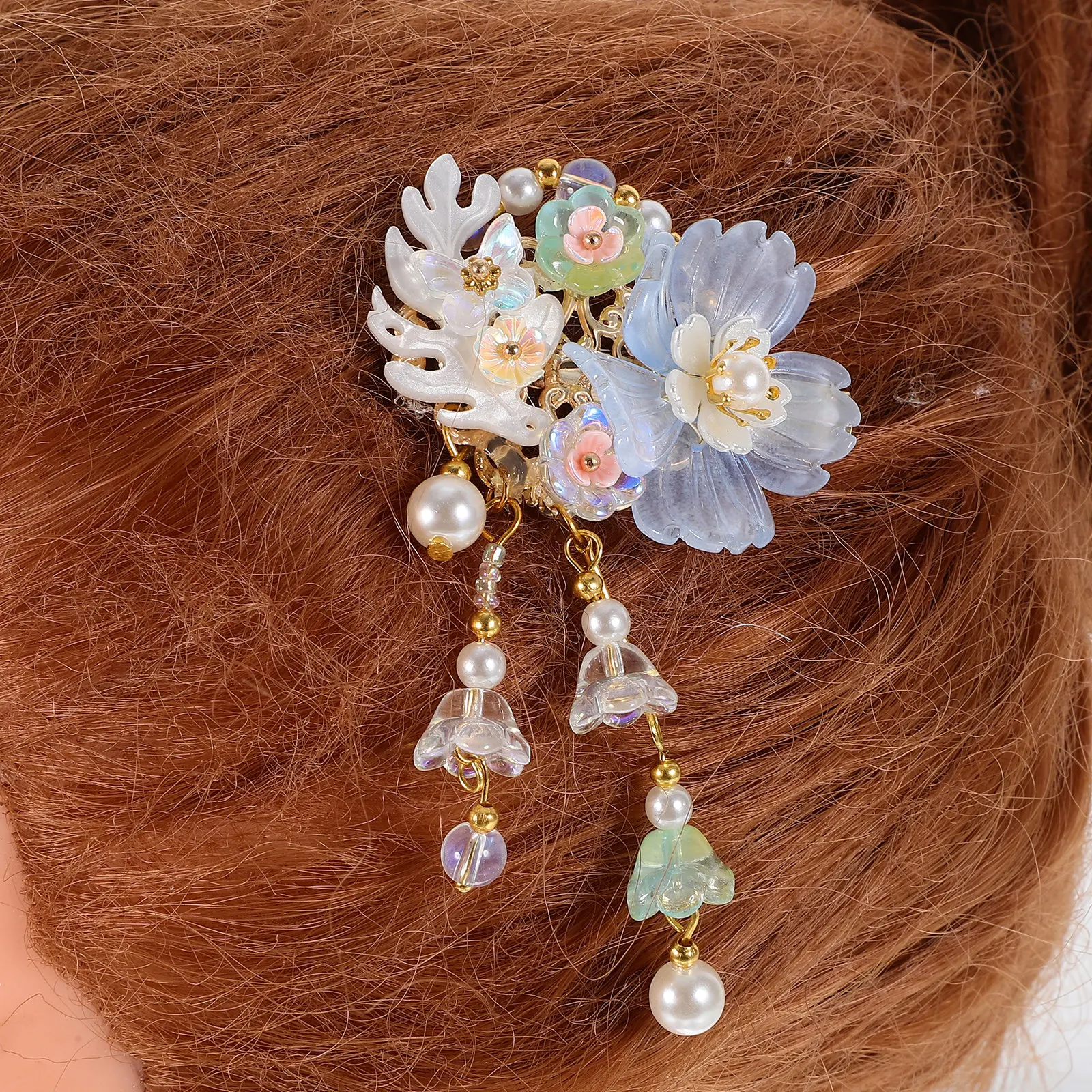 

Fan Shaped Hair Clips Floral Pins Chinese Hanfu Flower with Tassels Bows Alligator Barrettes for Pearl