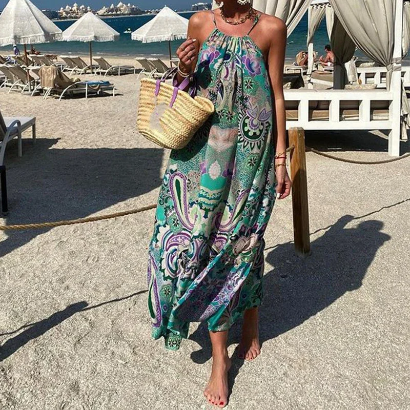 

Elegant Women Pattern Print Loose Party Dress Sexy 2024 Off Shoulder Dresses Summer Ladies Sleeveless Halter Beach Dress