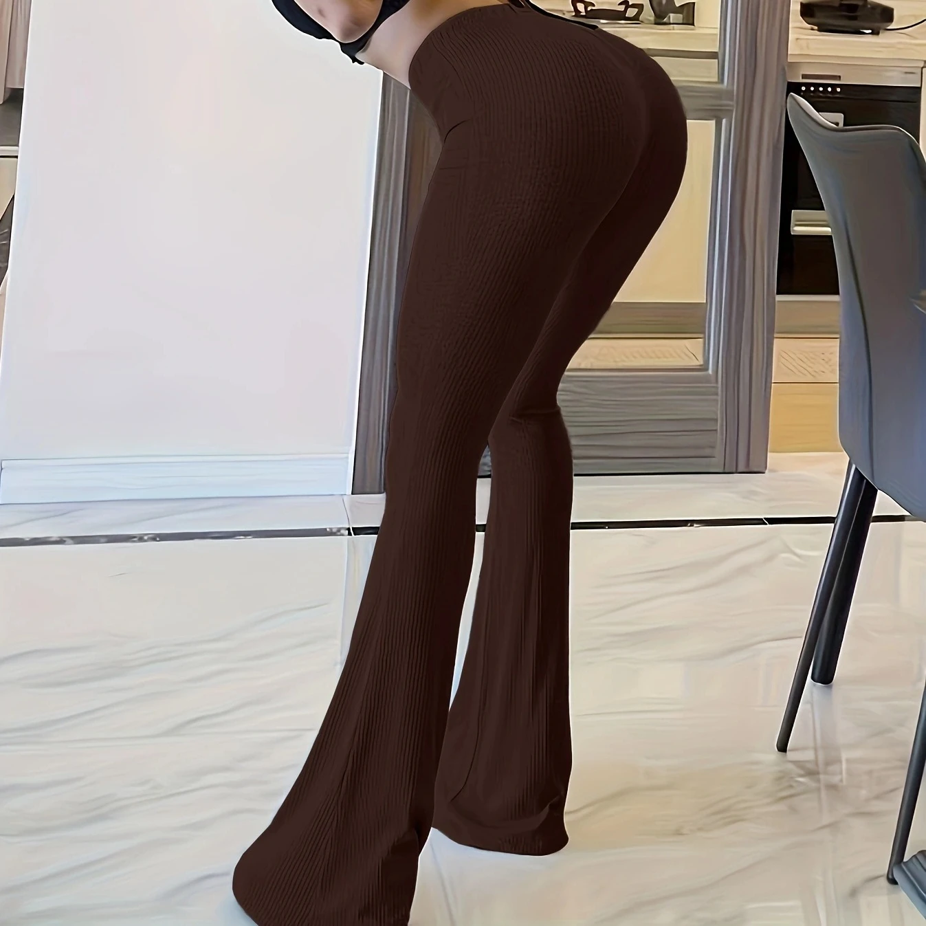 سروال وردي عالي الخصر مضيئة للنساء سروال مضلع قابل للتمدد بلون سادة ملابس غير رسمية عصرية