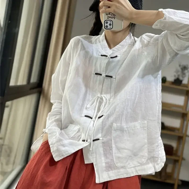 Podstawowa lniana bluzka w stylu retro damska moda Design klamra sznurowana koszula wszechstronna z długim rękawem solidny damski kardigan topy jesień