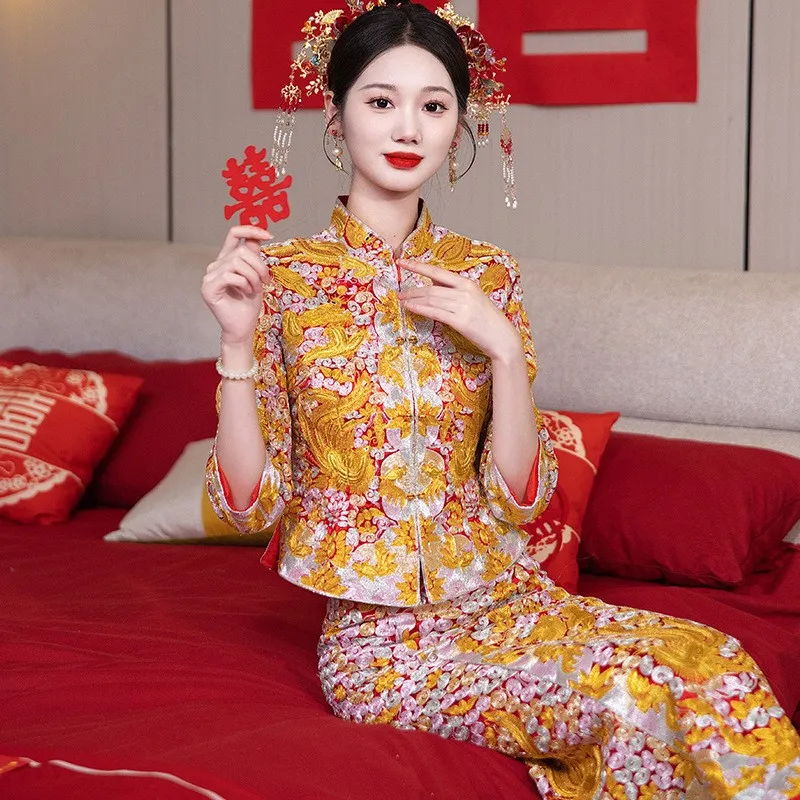 

Новый стиль дракона и феникса с пятью благословениями для тостов свадебного наряда.