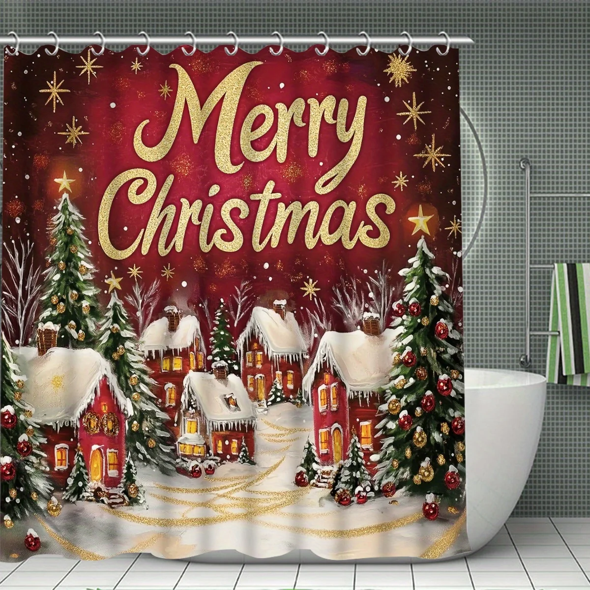 Renew Your Bathroom with Christmas Shower Curtain Set: 4-Piece with Snowflake Mat and Hooks, Festive Polyester Decor