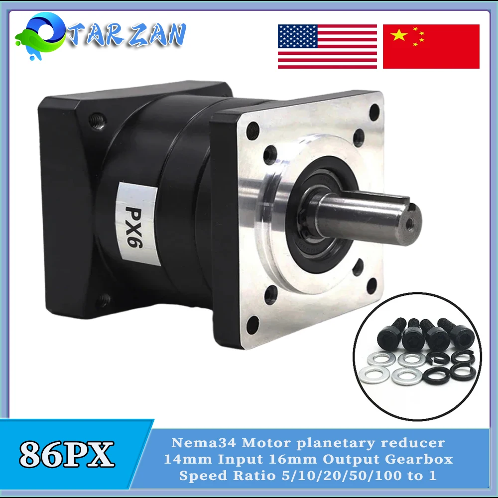 

Nema34 Motor Planetary Gearbox Reducer Ratio 5:1/10:1/20:1/50:1/100:1 For 86mm Flange Stepper Motor 14 Input 16mm Output 86PX