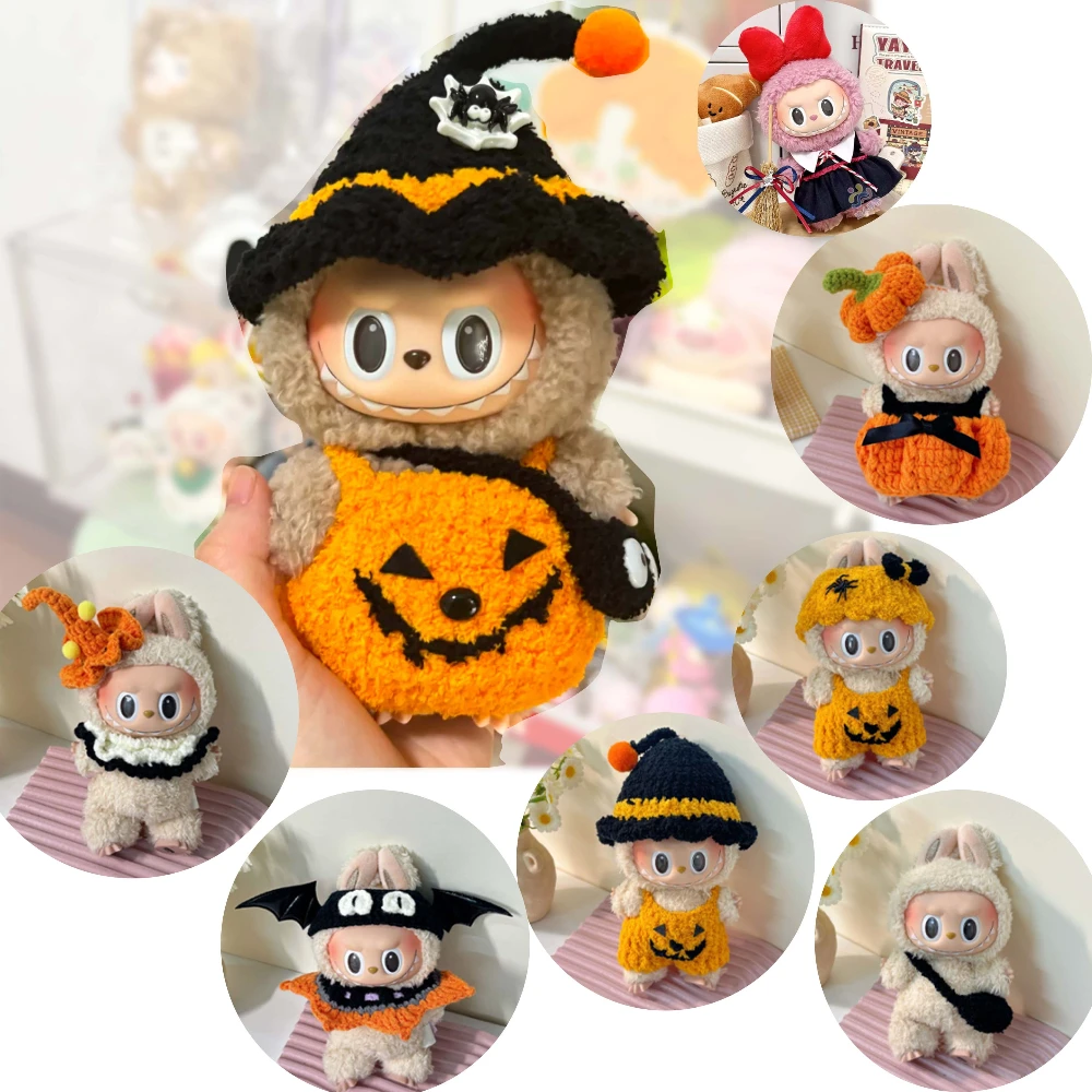 

Pumpkin Wizard Outfit for 15/17cm Labubu Clothes Handmade Woven Cute Halloween Set Ropa Doll Hat Cane Accessories Halloween Gift