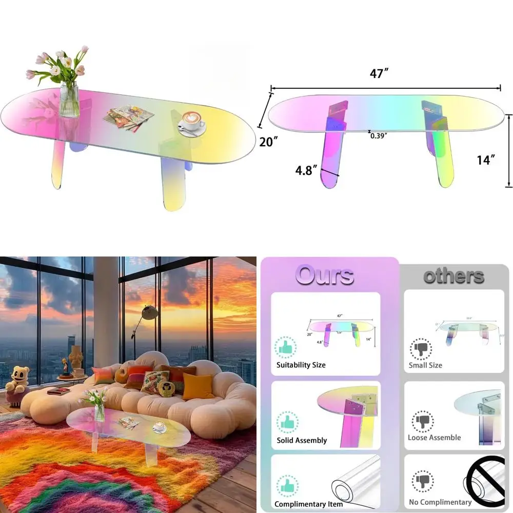 

Iridescent Acrylic Coffee Table with PVC Mat, 47L x 20W x 14H, Colorful Rectangular Lucite Centerpiece for Living Room