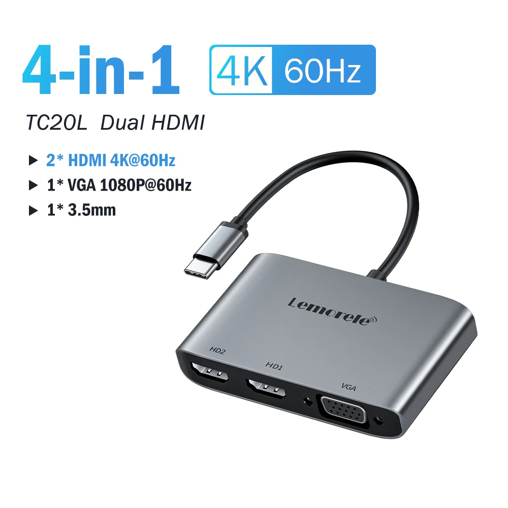 Lemorele USB-C Hub USB naar HDMI Docking Station 1080P/4K Hub Schermuitbreidingsadapter voor Macbook Windows Laptop PC Monitor