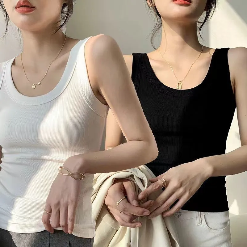 

Seamless Ribbed Tank Top for Girls Side Coverage Slimming Undershirt Wide Straps Modest Layering Essential Anti-Peep Non-Slip