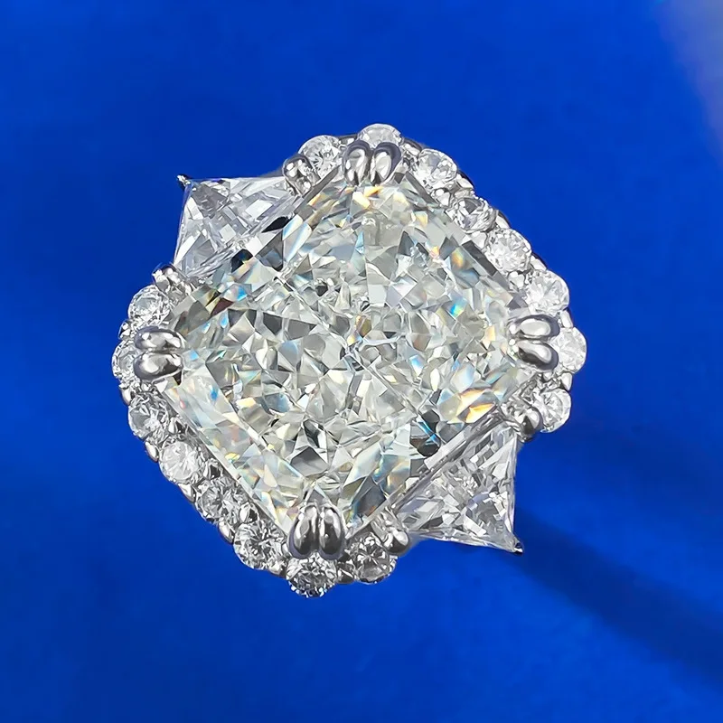 New European and American S925 Silver Imported Ice Flower Cut 12 * 14G Diamond Luxury Set with Full Diamond Ring