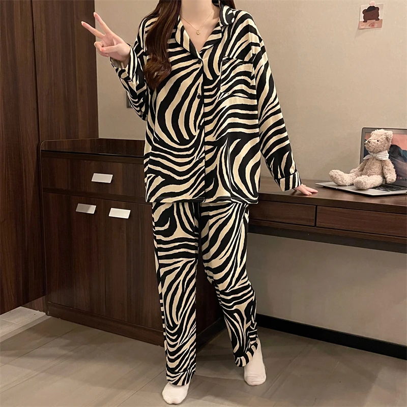 Striped Pajama Sets Women Sleepwear Baggy Soft Casual Home Ulzzang Cozy Daily Spring Autumn Pockets Loungewear Fashion Students