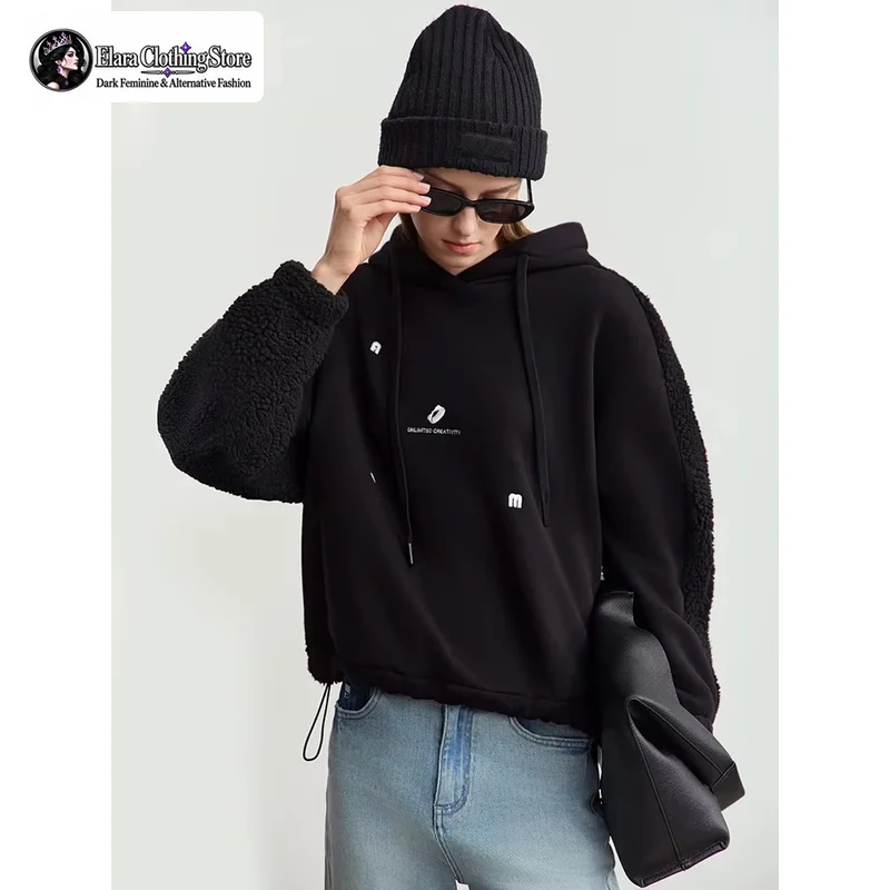 Winter Hooded Jacket with Contrasting Material Splicing Imitation Lambswool Women's Letter Embroidery Fleece-lined Warm Top