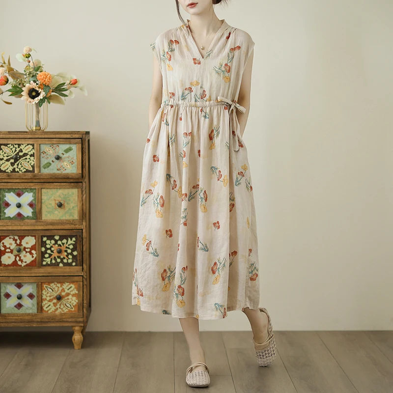 Robe longue en coton et lin pour femmes, imprimé Floral rétro, élégante, ample, décontractée, style Boho, plage, nouvelle collection été