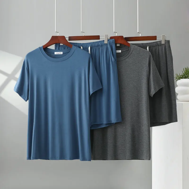 8xl Plus Sizes Men's Summer Cool Fit Modal Short Sleeved Shorts 2 Pcs Pajamas Thin Casual Wear Loose Home Pyjama Homme