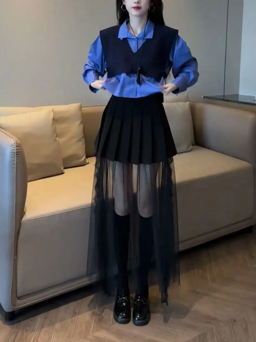 

Retro Fashion Set Women's Korean Version Long Sleeve Shirt Vest Mesh Splicing Skirt Three Piece Set Autumn 2025 Style