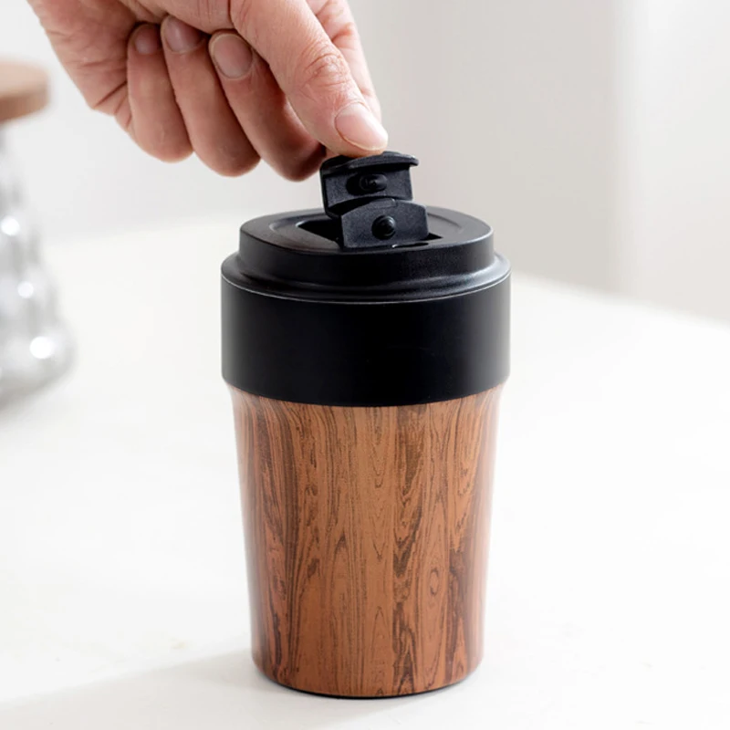 Portable Wood Grain Coffee Mug with Lids Vacuum Insulated Tumbler Thermos Cup for Keep Coffee Tea Hot Cold Inner Ceramic Coating