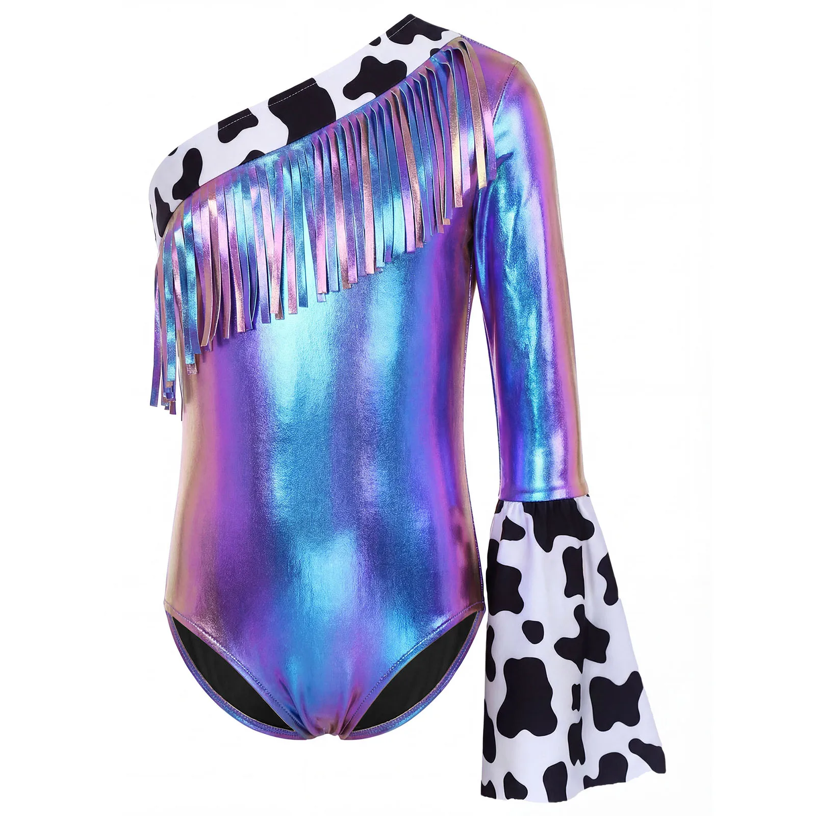 Kids Girls Glossy Jumpsuit 70s 80s Disco Hippie Costume Cowgirl Jazz Dance Outfit Metallic Bodysuit with Fringed Skirt Dancewear