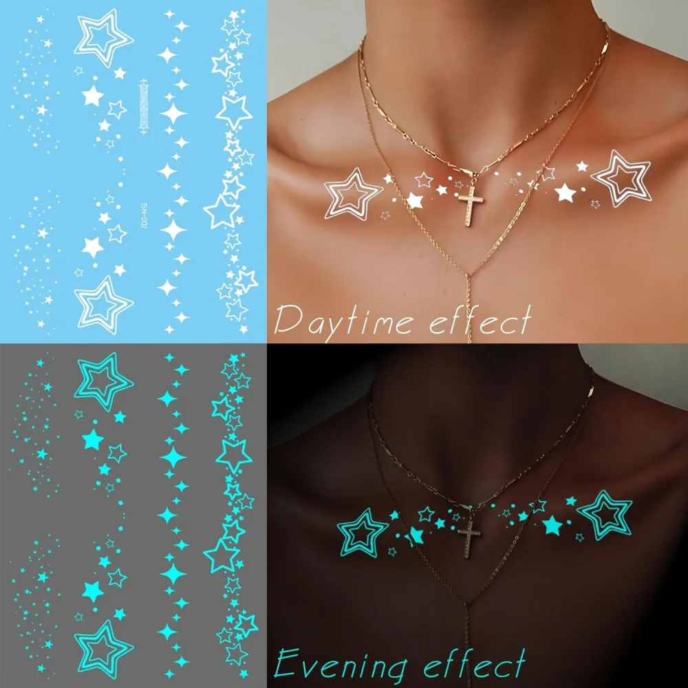 Luminous Temporary Tattoo Stickers, White Glow In The Dark Body Art Tattoos, Waterproof Floral Star Pattern Temporary Tattoos for Back Chest Shoulder, 2 Sheets