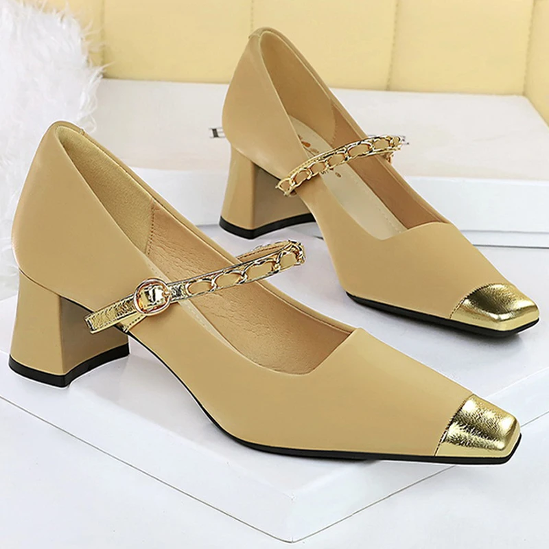 BIGTREE Shoes Square Toe Heels Women Middle Heel Thick Heel Shoes Metal Chain Women Pumps Luxury Temperament Mary Jane Shoes