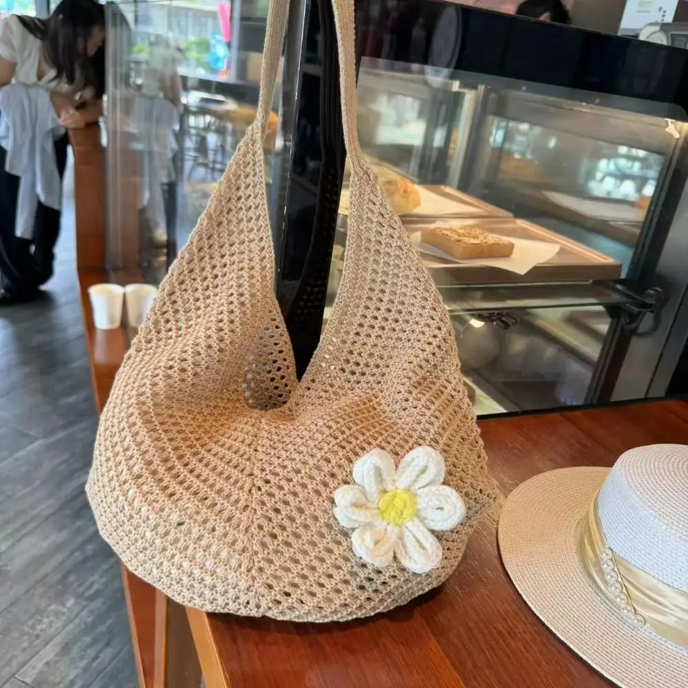 

Solid Color Knitting Shoulder Bag Large Capacity Hollow Out Bohemian Crochet Tote Bag Flower Versatile Casual Woven Handbag