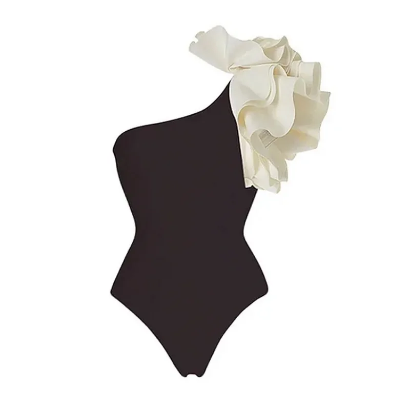 One-piece swimsuit for women, floral decoration, single shoulder, pure black and white color