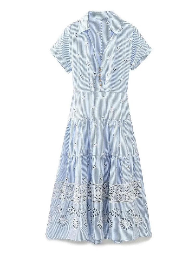 Vintage Embroidered long shirt dress For women 2024 New Beach Cutwork short sleeve Striped midi dress opening at the back 3D083