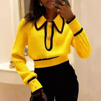 Chic Lapel Long Sleeve Sweater Women 2025 Stripes Elegant Short Knitted Pullover Female Casual Office Warm Soft Tops Clothes 4
