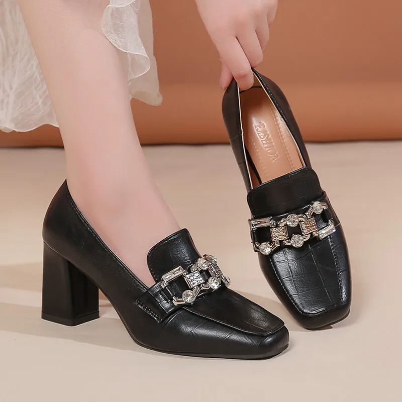 Autumn New Square Head High Heels Women\'s Rhinestone Loafer Small Leather Shoes with Thick Professional Single Shoes