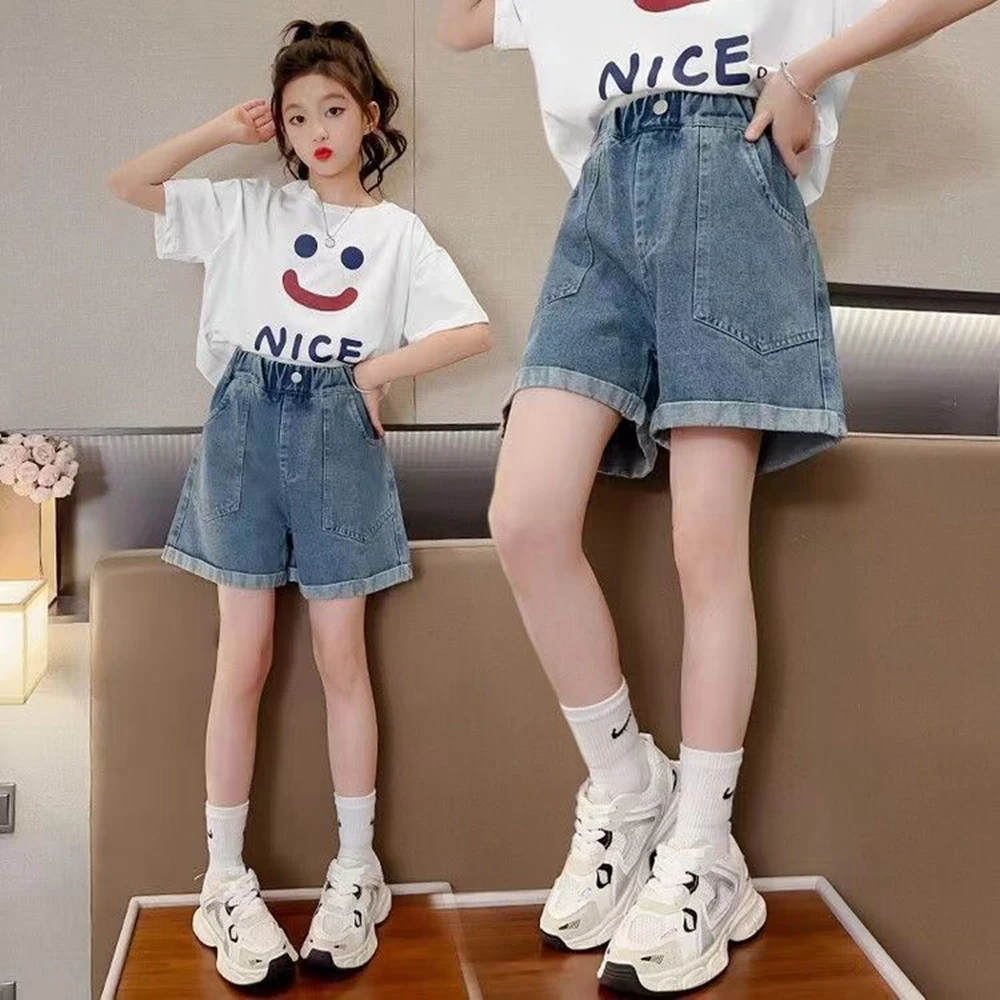 

New Arrival Summer Teen Girls Denim Shorts Clothes Kids Child Elastic Waist Fashion Pocket Design Shorts Age 5-14 Years Old