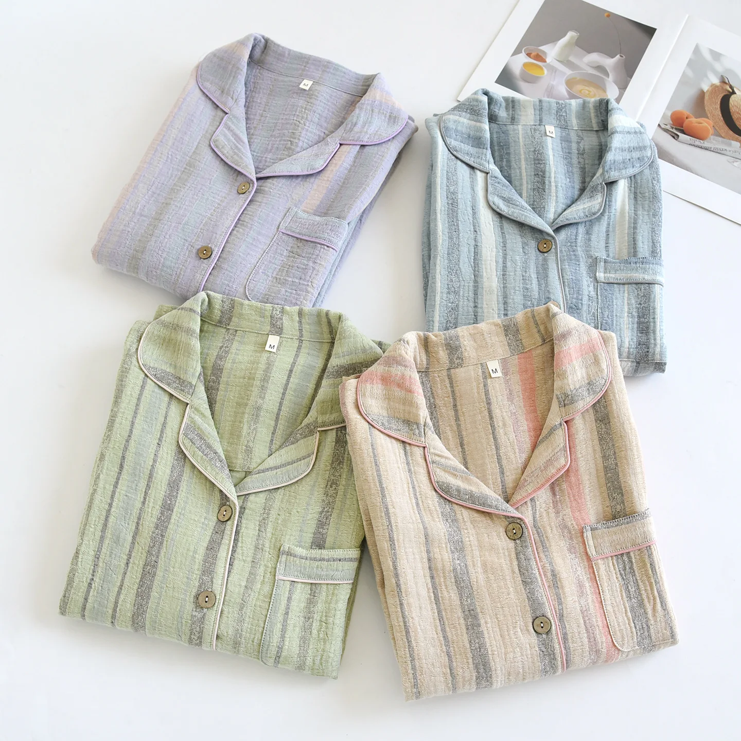 

Хлопковая винтажная женская пижама в полоску, рубашка с длинными рукавами, брюки, комплект из 2 предметов, осенний женский пижамный комплект