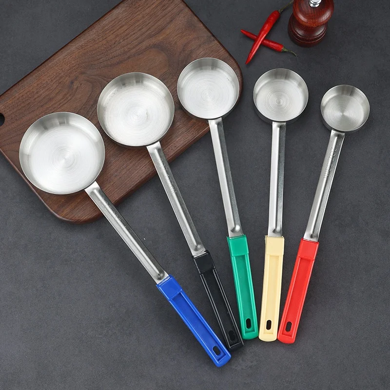 Anti-Hot Pizza Spread Ladle Measuring Soup Spoon Kitchen Cooking Tableware Stainless Steel Sauce Spoon With Long Rubber Handle