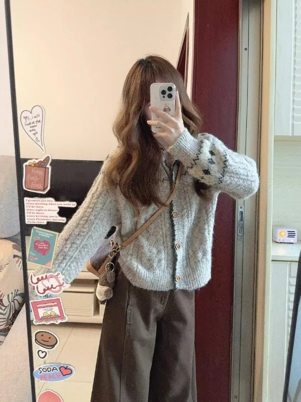 

Large Size Fair Isle Retro Long Sve Knitted Sweater Coat Women's Autumn Winter Design Lazy Knitted Open Cardigan Top