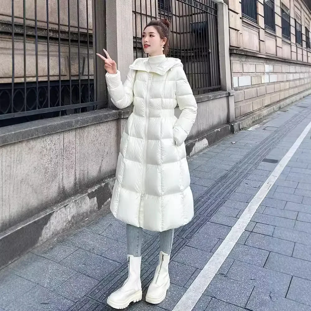 Down Jacket Female 2024 New Slim Design Waist Slim Slim Hooded Fashionable Medium-length Thickened  White Duck Down Warm Coat