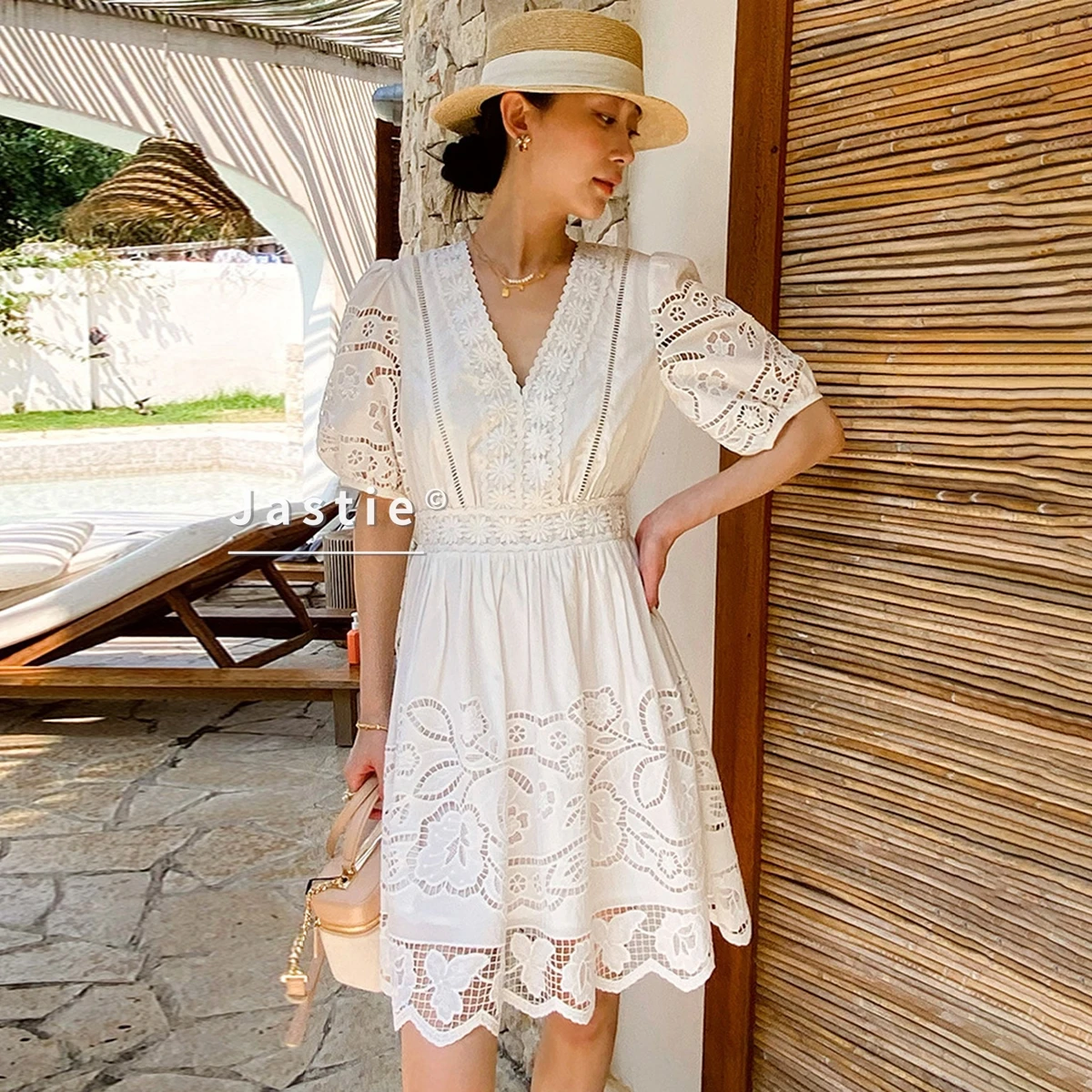 French Retro White Eyelet Embroidery Dress Women V Neck Puff Sleeve High Waist Floral Lace Mini Dresses Summer Beach Party Robe